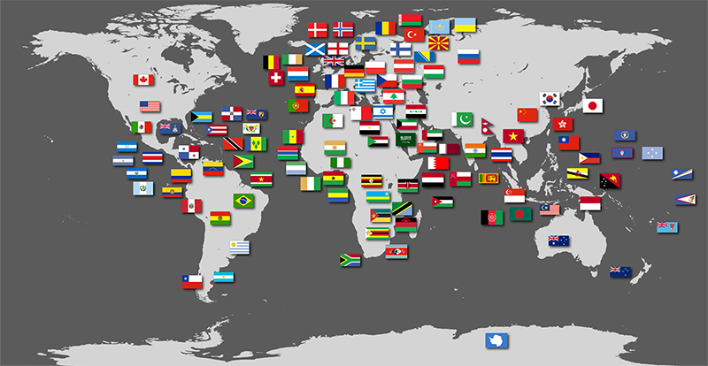 Over 100 country flags spread over the world map.